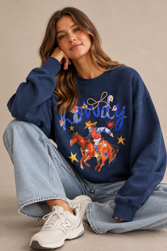 Howdy Cowboy Graphic Oversized Sweatshirt – Navy