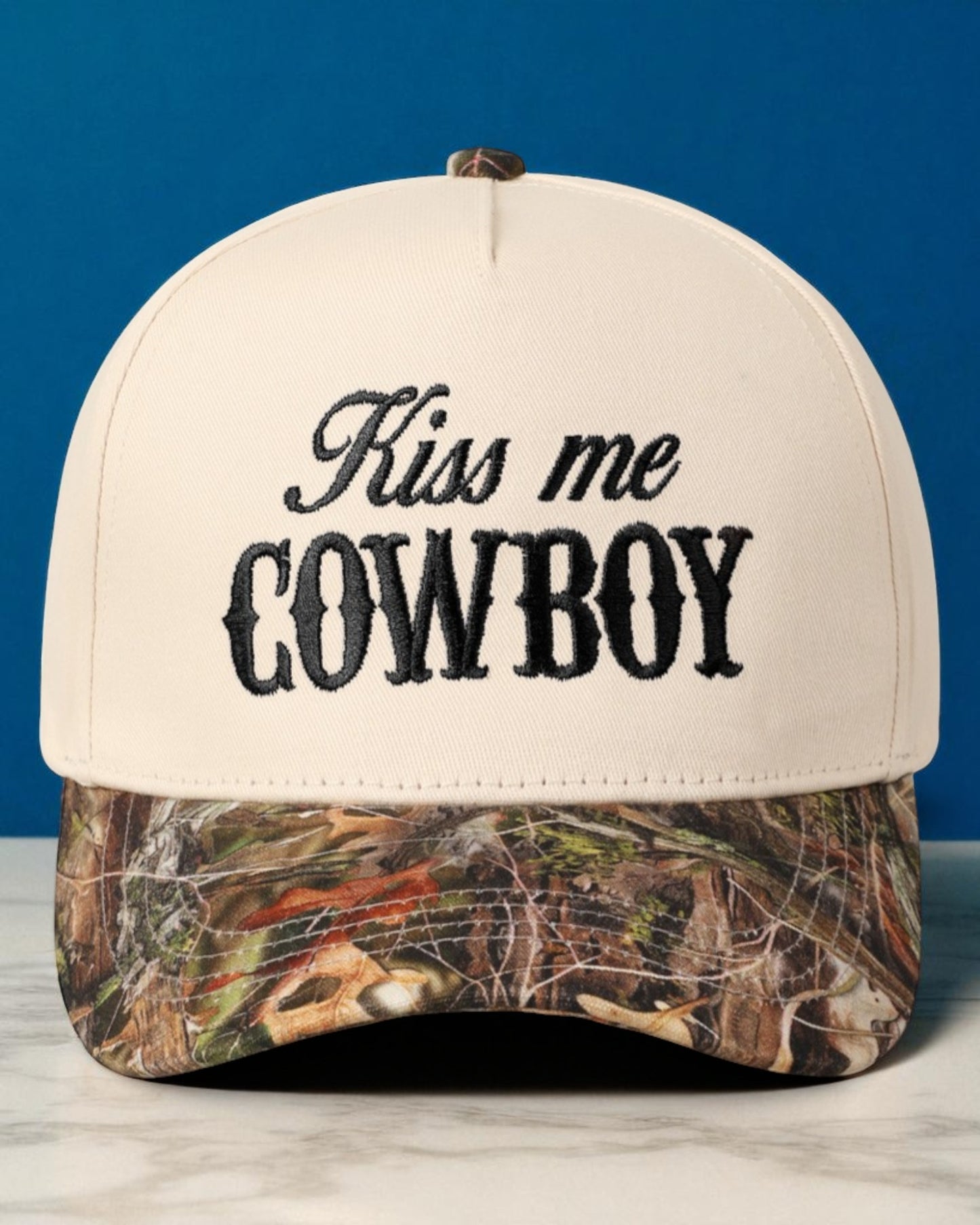 Kiss Me Cowboy Camo Trucker Hat