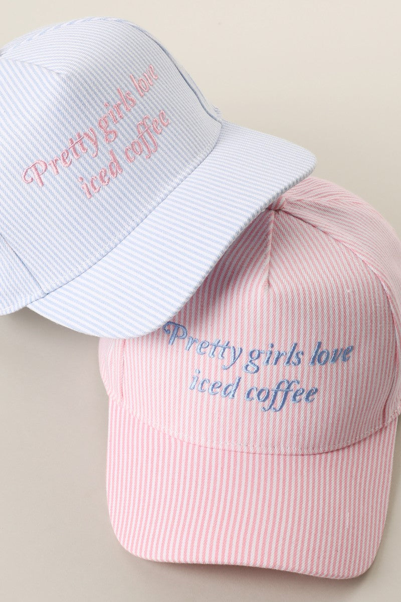 Pretty Girls Love Iced Coffee Embroidered Pink Stripe Baseball Cap