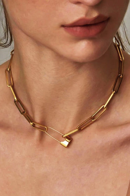 Gold Safety Pin Link Chain Necklace