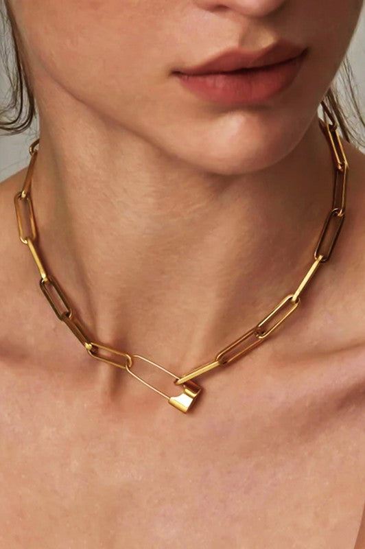 Gold Safety Pin Link Chain Necklace