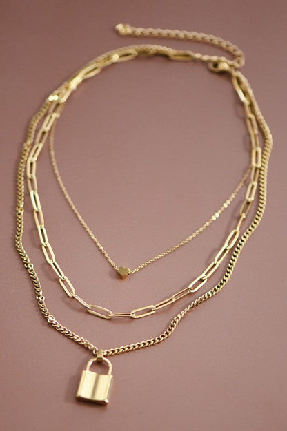 Gold Layered Lock and Heart Necklace Set