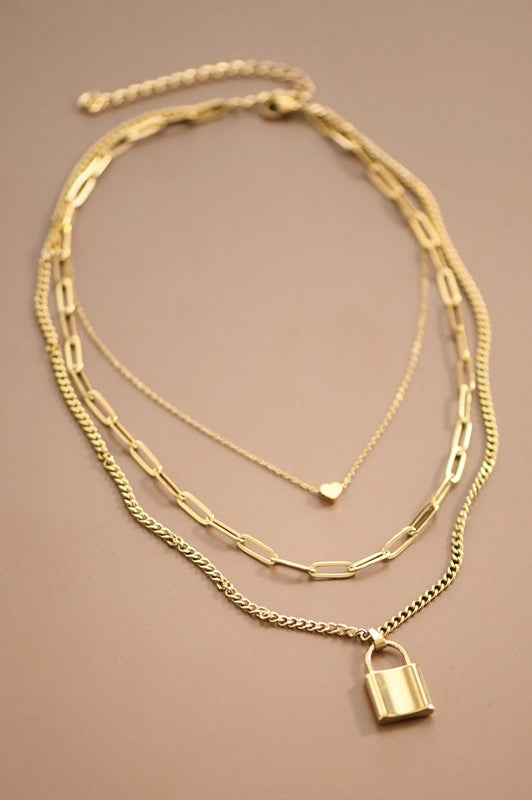 Gold Layered Lock and Heart Necklace Set