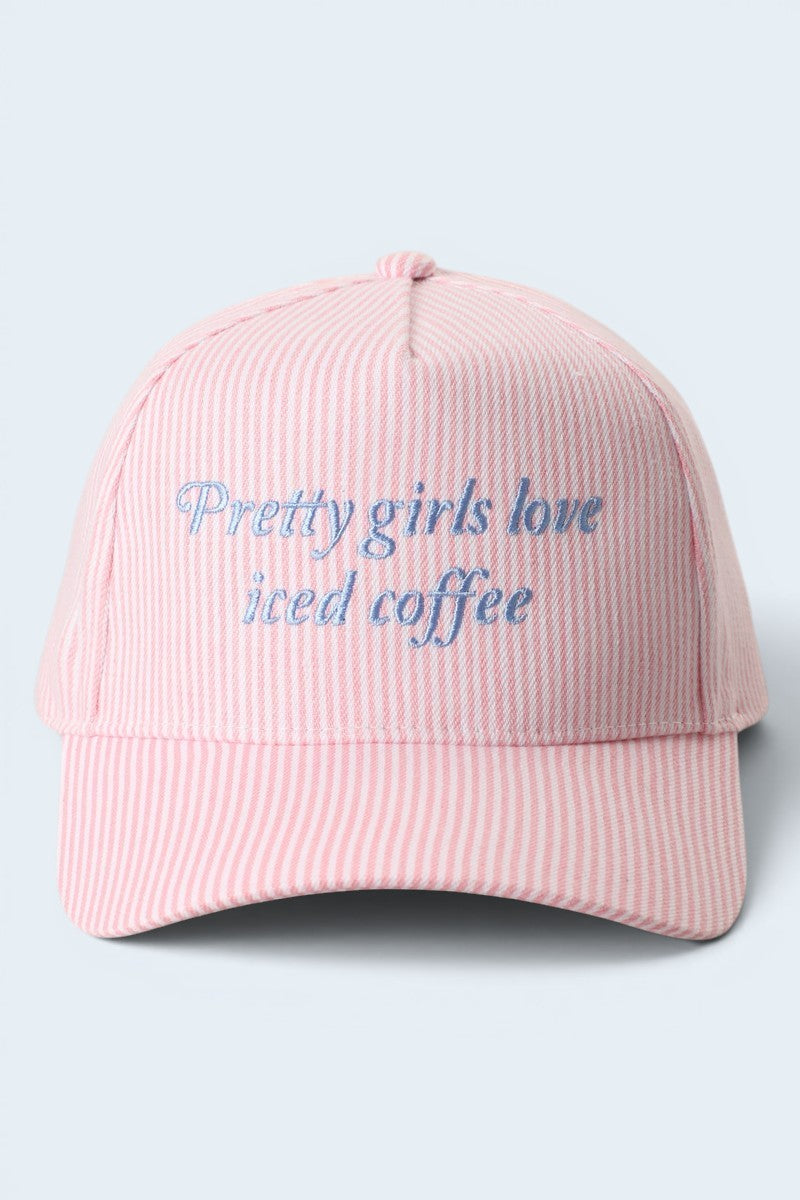 Pretty Girls Love Iced Coffee Embroidered Pink Stripe Baseball Cap